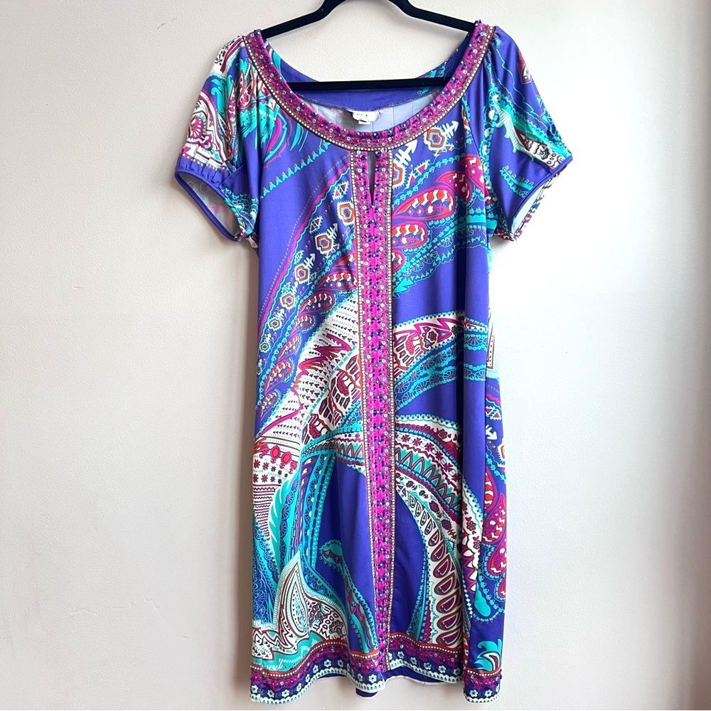 Resort Paisley Tunic Dress Sz 12 Purple Beaded Collar Festival Beach vacation